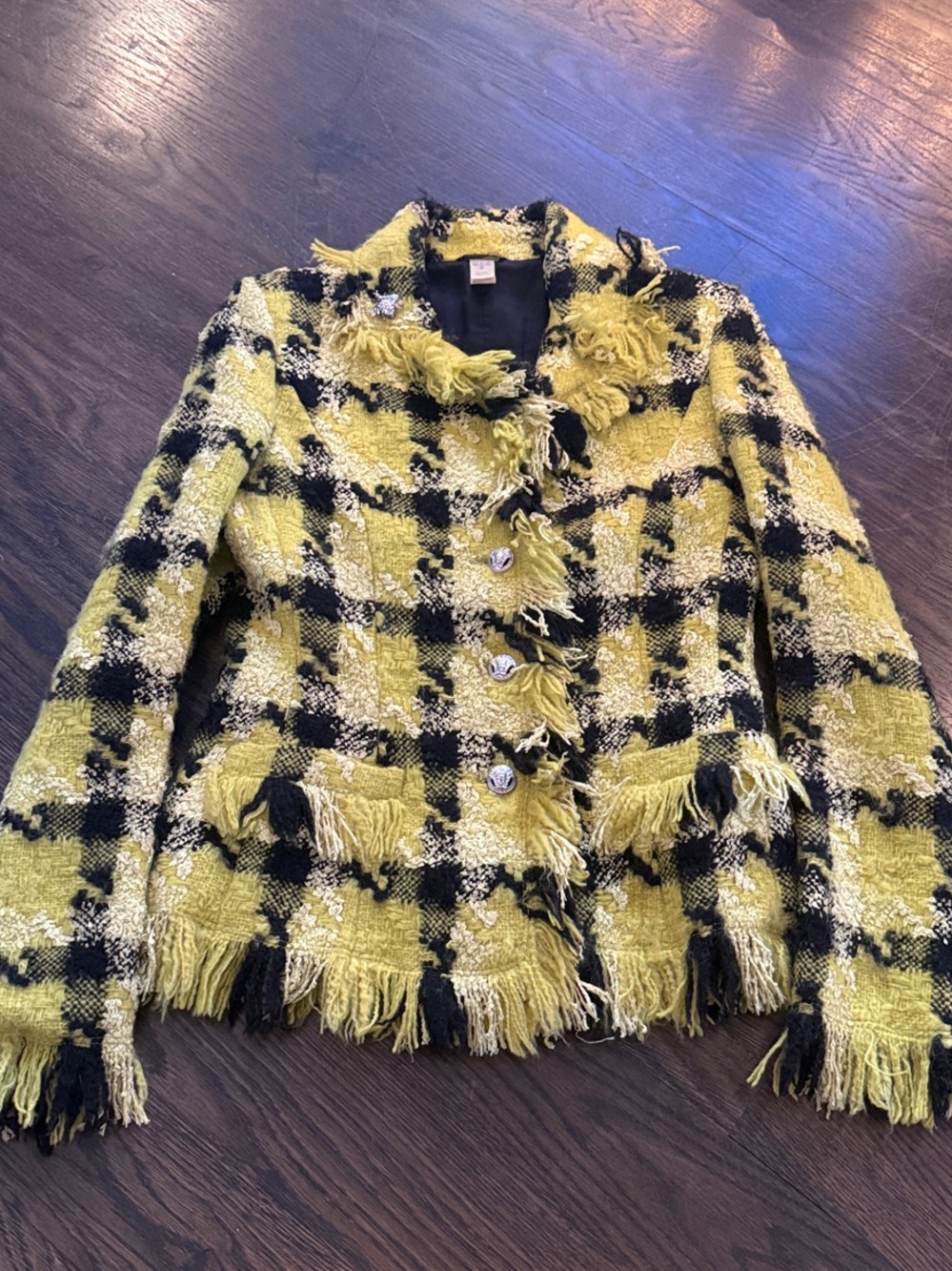 Versace Yellow and Black Plaid Fringe Tweed Blazer